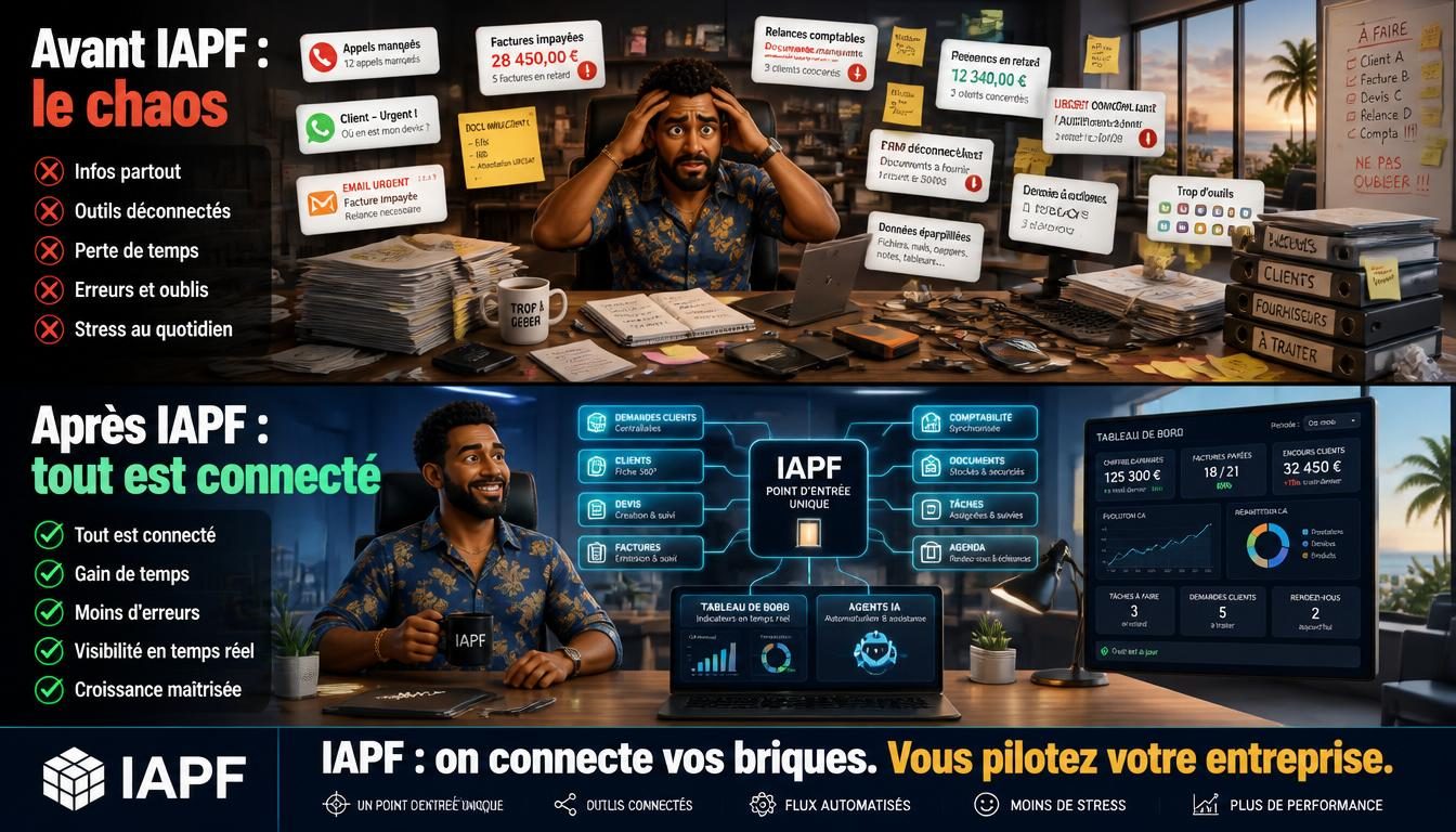 Illustration pédagogique : avant IAPF, les informations sont dispersées ; après IAPF, les flux sont reliés et pilotés.